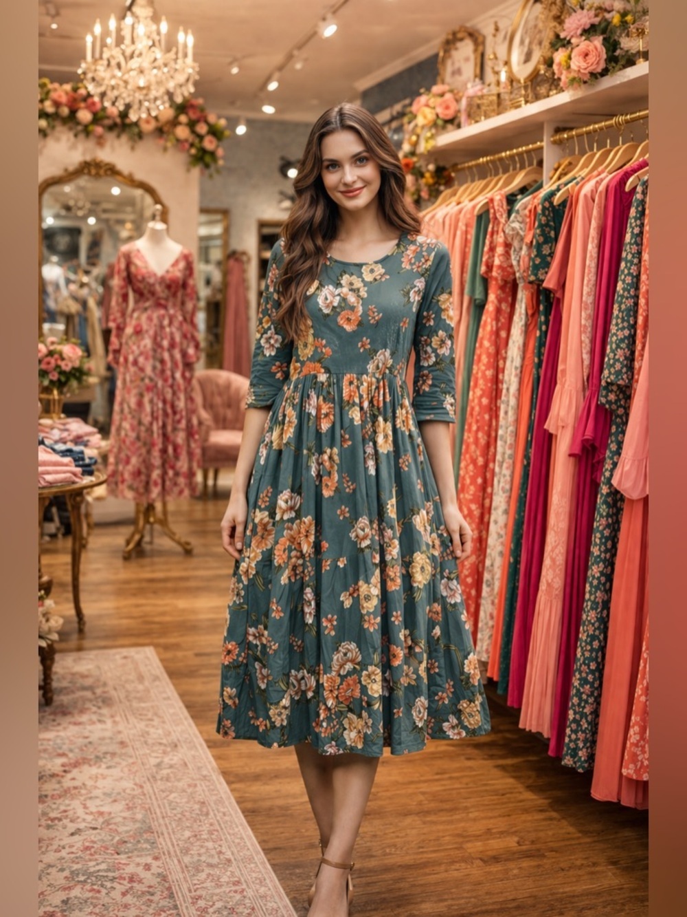 Rare Floral Dusty Blue Midi Dress